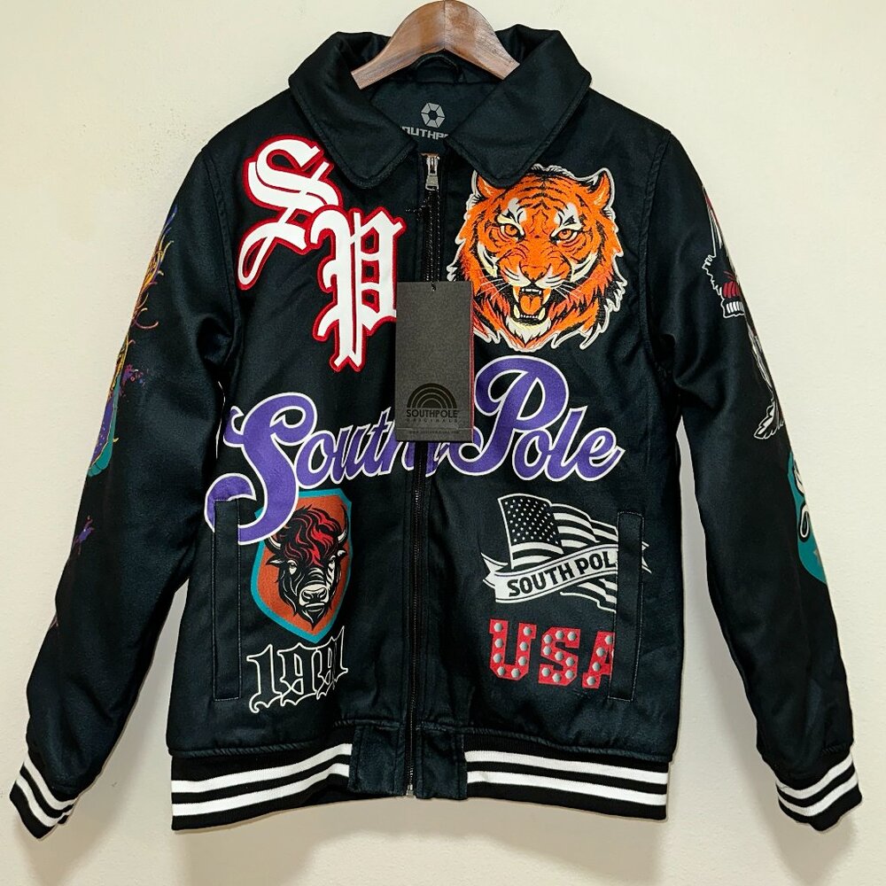 NWT Southpole Varsity Bomber Jacket Black Mens‎ M Zip Tiger 1991 American Dream
